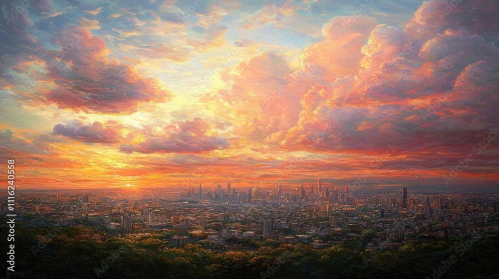 Fototapeta premium Breathtaking Sunset Over City Skyline with Colorful Clouds and Golden Horizon