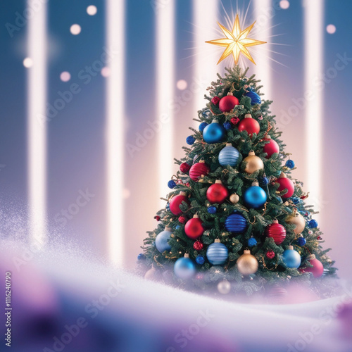 Festive Christmas tree adorned with colorful ornaments and a shining star in a winter setting