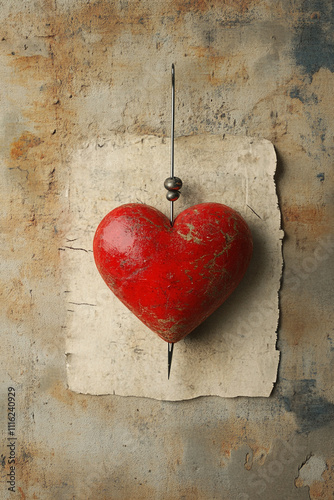 A red heart hanging from a string on a piece of paper. 

