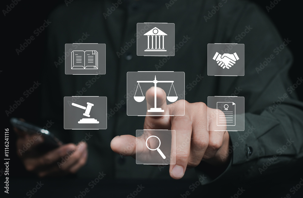 Legal advice for digital technology, business, finance, intellectual property. Legal advisor, corporate lawyer, attorney service. Laws and regulations. Finger touching button with justice scale icon. Legal advice for digital technology, business, finance, intellectual property. Legal advisor, corporate lawyer, attorney service. Laws and regulations. Finger touching button with justice scale icon.