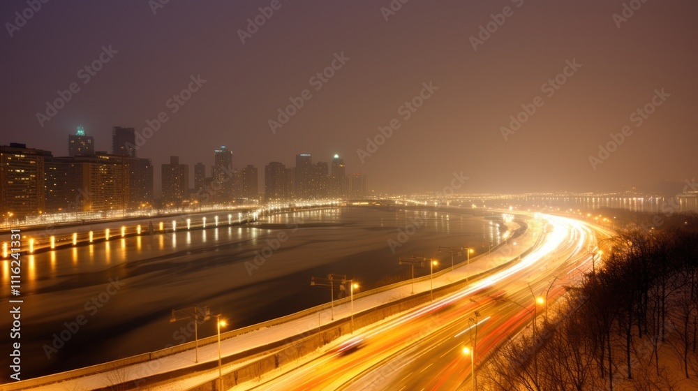 A nighttime cityscape featuring a river and moving traffic under a snowy sky. A nighttime cityscape featuring a river and moving traffic under a snowy sky.