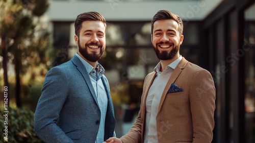 Two business professionals shaking hands with smiles in a modern office or outdoor setting.