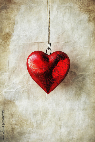 A red heart hanging from a string on a piece of paper. 

