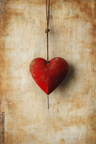 A red heart hanging from a string on a piece of paper. 
