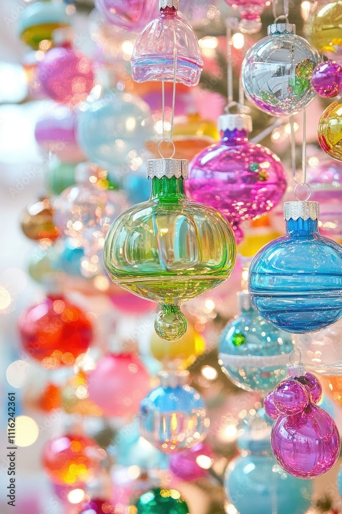 Fototapeta premium Vibrant RobotThemed Glass Ornaments Adorn Holiday Tree