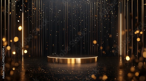 Elegant golden podium with dark background, glittering particles, and vertical light streaks.