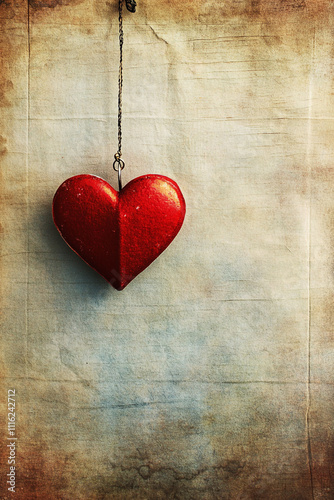 A red heart hanging from a string on a piece of paper. 
