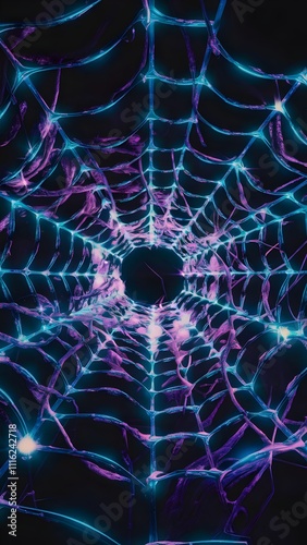 Neon Spiderweb Art Glowing Purple and Blue Intricate Design. Generative AI