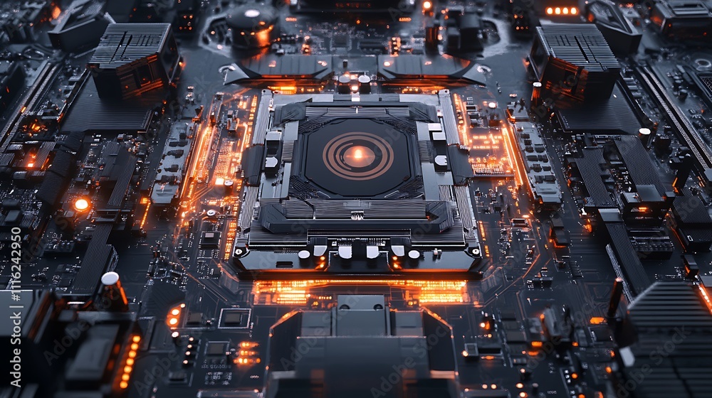 Fototapeta premium Close-Up of a Futuristic Motherboard with Glowing Components