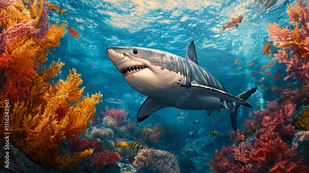Obraz premium A great white shark swims through vibrant coral reefs, showcasing the beauty of marine life in a colorful underwater scene.