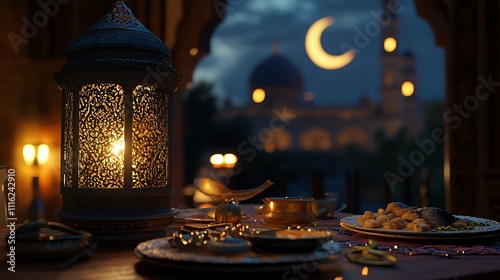 Ramadan Lantern Illuminates Festive Evening Meal photo