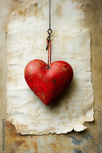 A red heart hanging from a string on a piece of paper. 

