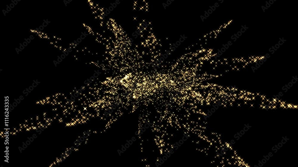 Gold sparkles,  stars fireworks burst, pixie dust, particles exploding on black background.