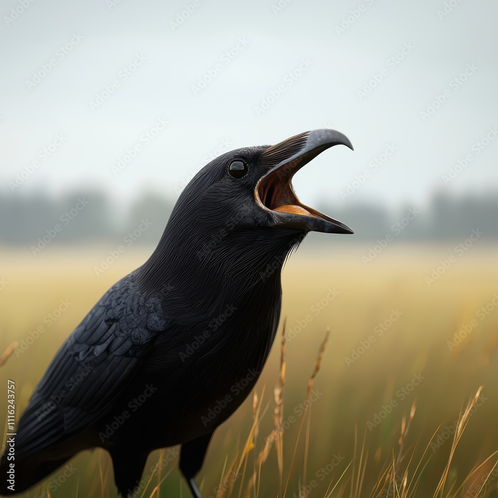 Fototapeta premium A black crow is standing in a field of tall grass