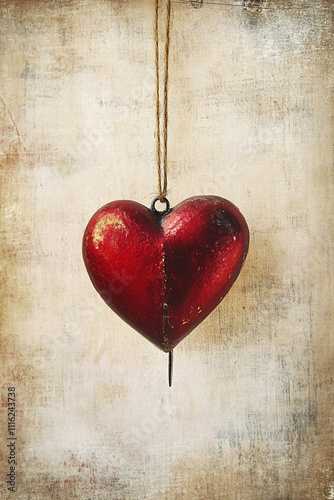 A red heart hanging from a string on a piece of paper. 
