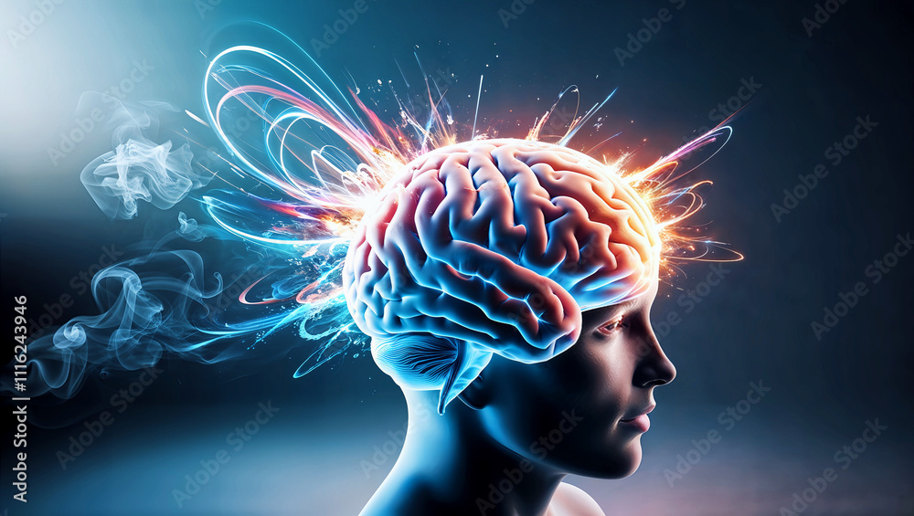 Obraz premium Human brain exploding in vivid colors, representing creativity and knowledge. Generative AI