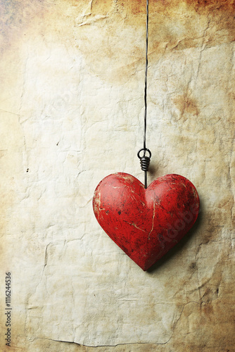 A red heart hanging from a string on a piece of paper. 
