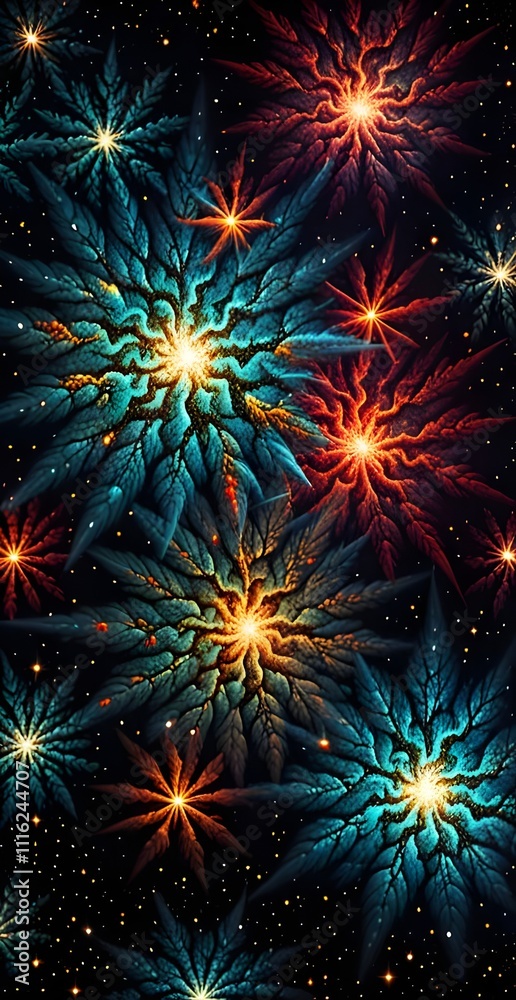 Fototapeta premium Cosmic Fireworks Teal, Red, Fractal Starbursts in Deep Space. Generative AI