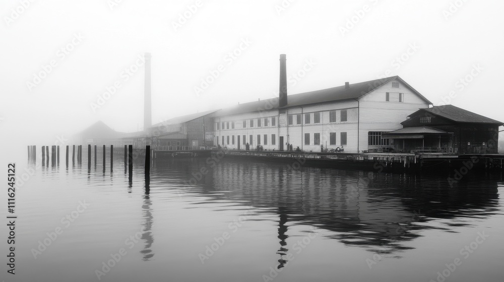 Obraz premium Serene Waterfront Landscape in Mist and Reflections