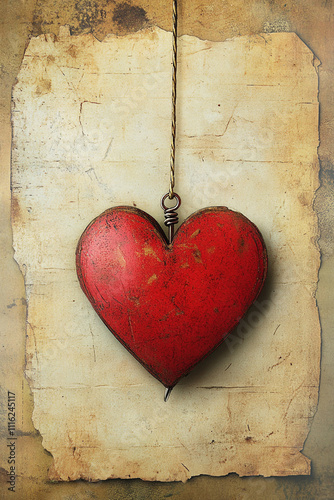A red heart hanging from a string on a piece of paper. 
