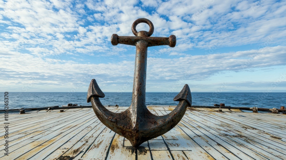 A vintage anchor standing upright on a ship’s deck with a clear sky overhead.