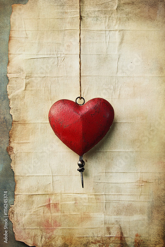 A red heart hanging from a string on a piece of paper. 
