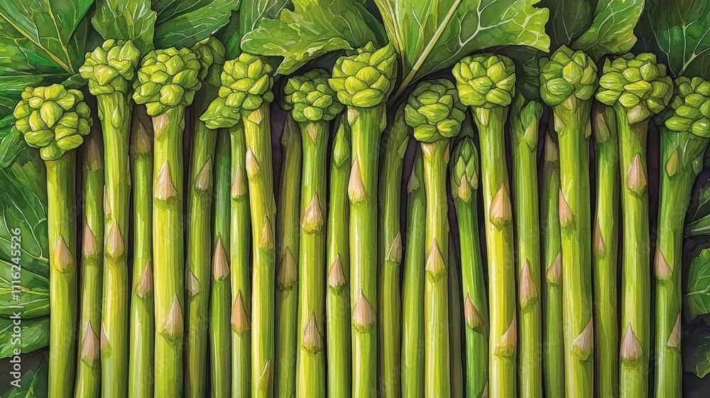 Fototapeta premium Fresh Green Asparagus Stalks with Vibrant Leaves on Wooden Background