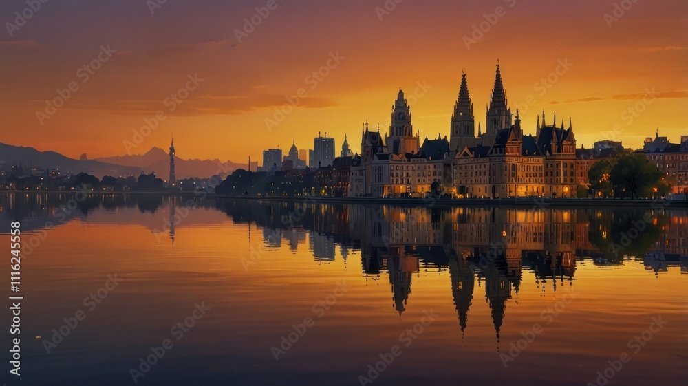 Sunrise cityscape reflected in calm water.