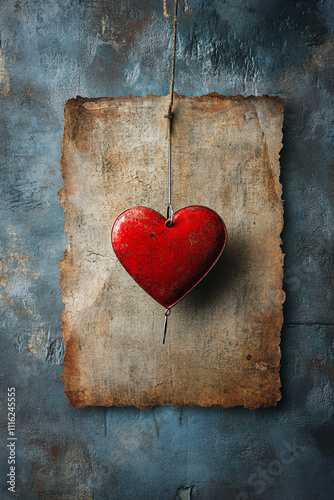 A red heart hanging from a string on a piece of paper. 
