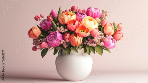 Wallpaper Mural A stunning arrangement showcases a mix of colorful tulips and peonies in a sleek white vase. The soft pastels and vibrant hues create an inviting ambiance, perfect for brightening interiors Torontodigital.ca