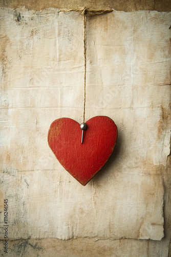 A red heart hanging from a string on a piece of paper. 
