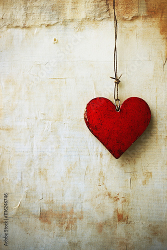 A red heart hanging from a string on a piece of paper. 
