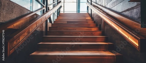 A wooden staircase ascends warmly under a skylight, blended with concrete walls in a modern setting.