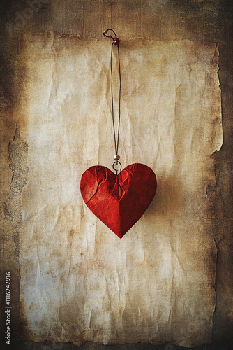 A red heart hanging from a string on a piece of paper. 
