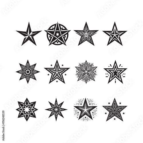 Black Color Star Silhouette Vector Illustration, Solid White Background.