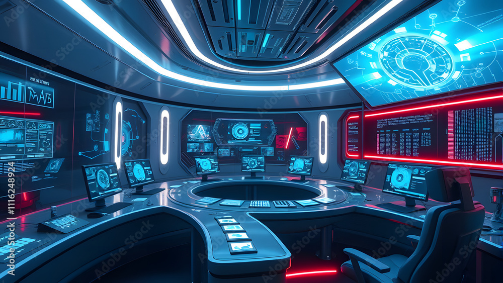 Sleek futuristic control room with transparent screens, neon lights, technology Sleek futuristic control room with transparent screens, neon lights, technology