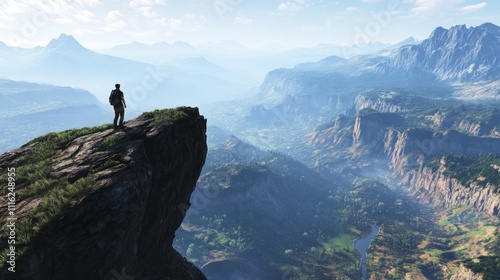 A hiker stands on the edge of a steep cliff, gazing at the vast expanse of mountains and lush valleys below. Soft morning light illuminates the rugged terrain, creating a serene atmosphere