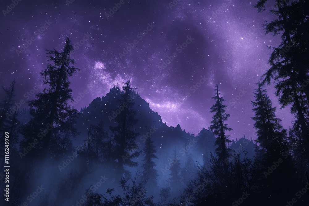 Fototapeta premium A mystical journey through a starry forest path beneath a dreamy, misty galaxy sky