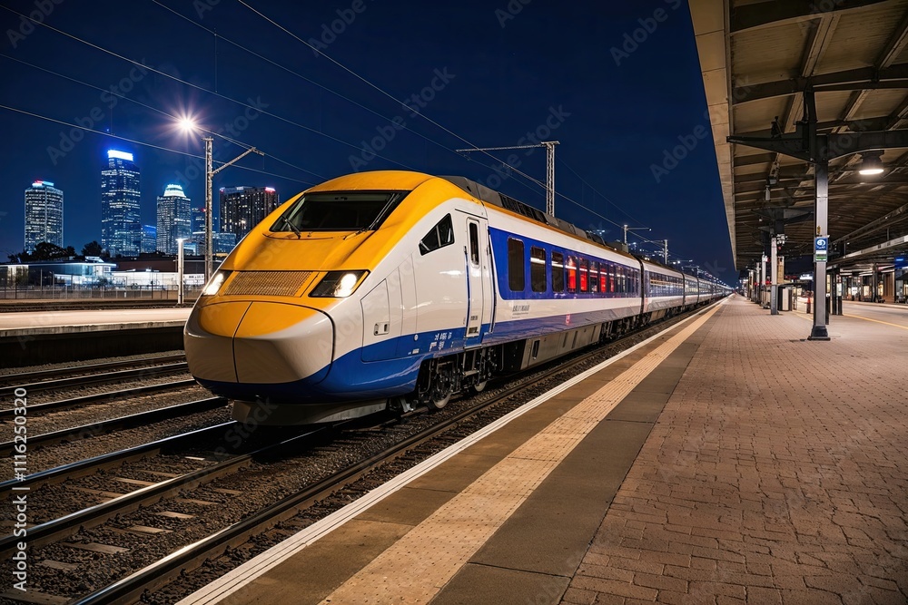 Fototapeta premium High-Speed Train in Nighttime Railroad Station with Blurred City Skyline