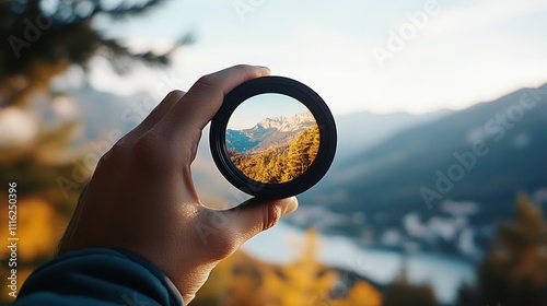 A hand holding a circular lens filter frames a breathtaking mountain landscape, capturing the essence of nature's untouched beauty, inspiration, and majestic tranquility.