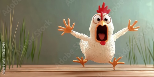 A cartoon chicken shows surprise while running with outstretched wings through a green field, its feathers ruffled, perfectly capturing humor and action.