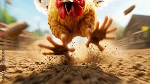 A cartoon chicken with focused eyes rushes forward on a dusty path, depicted in digital art style, capturing a comical yet intense moment of chicken adventure.