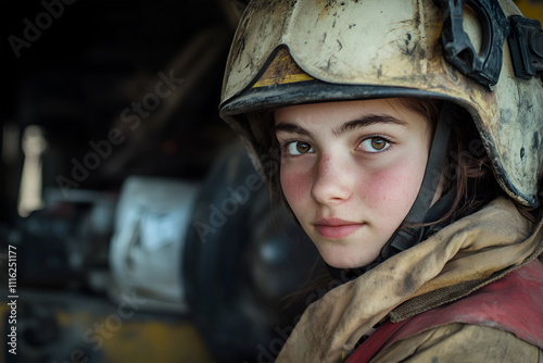 The girl is a firefighter in a helmet photo