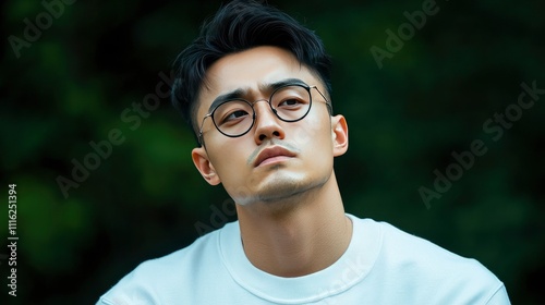 Pensive Young Asian Man with Glasses Outdoors