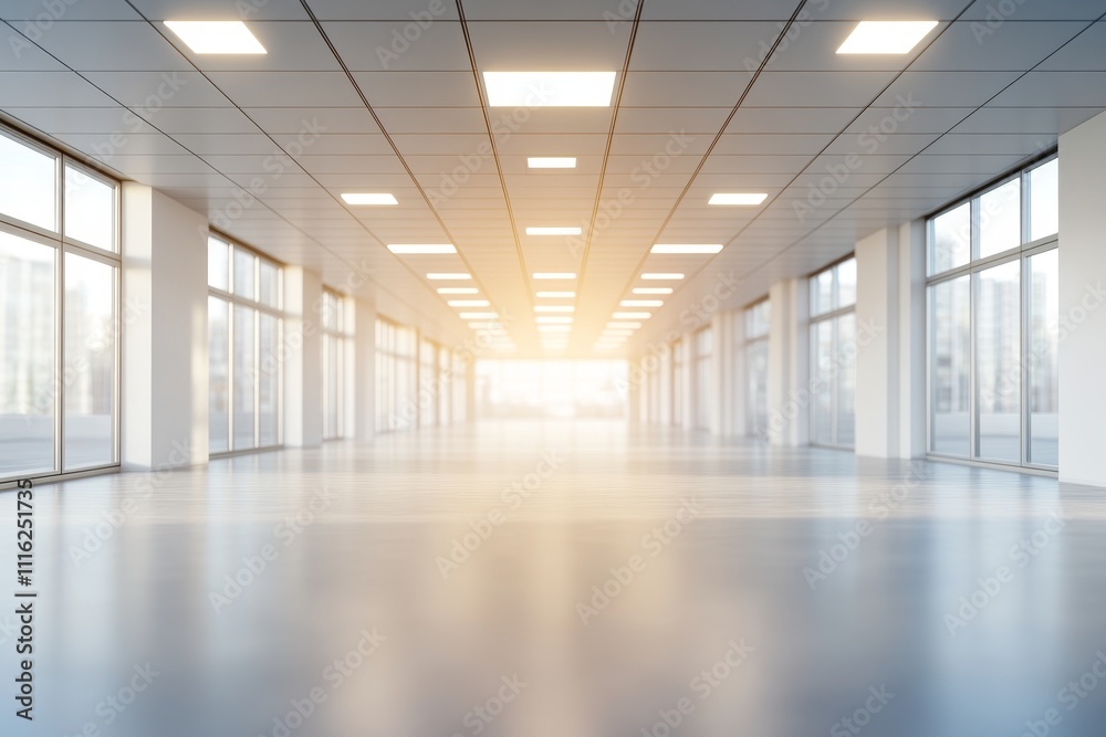 Fototapeta premium Bright and Spacious Empty Modern Office Interior with Large Windows and Natural Light Streaming In, Ideal for Business Transformation or Design Planning
