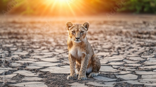 Young Lion Cub Sitting on Dried Soil Under Rays of Sunlight in a Dry Landscape Highlighting the Impact of Climate Change on Natural Habitats photo