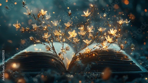 Magical Book with Glowing Flowers: A Fantasy Illustration of Enchantment and Wonder