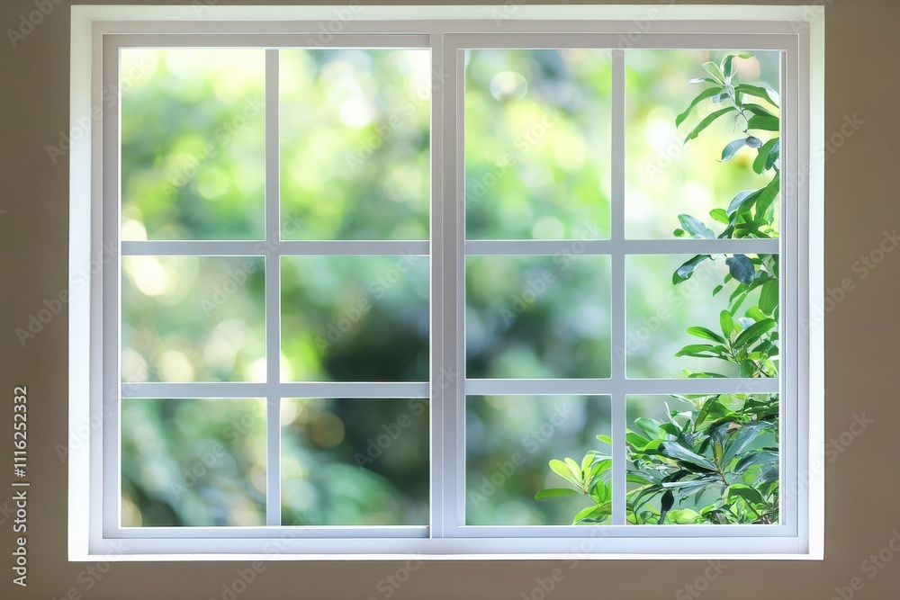 Fototapeta premium A modern house window showcasing a stunning green garden view.