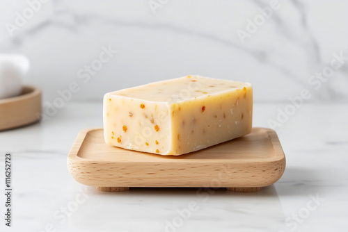 Handmade soap bar placed on a wooden soap dish in a minimalist bathroom setting photo