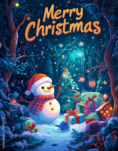 Christmas Card Cover Design with Cute Snowman and Santa Claus Playing with Gifts in the Forest at Night, 'Merry Christmas' Title in Bright Colors on Dark Blue Background, 2D Flat Illustration